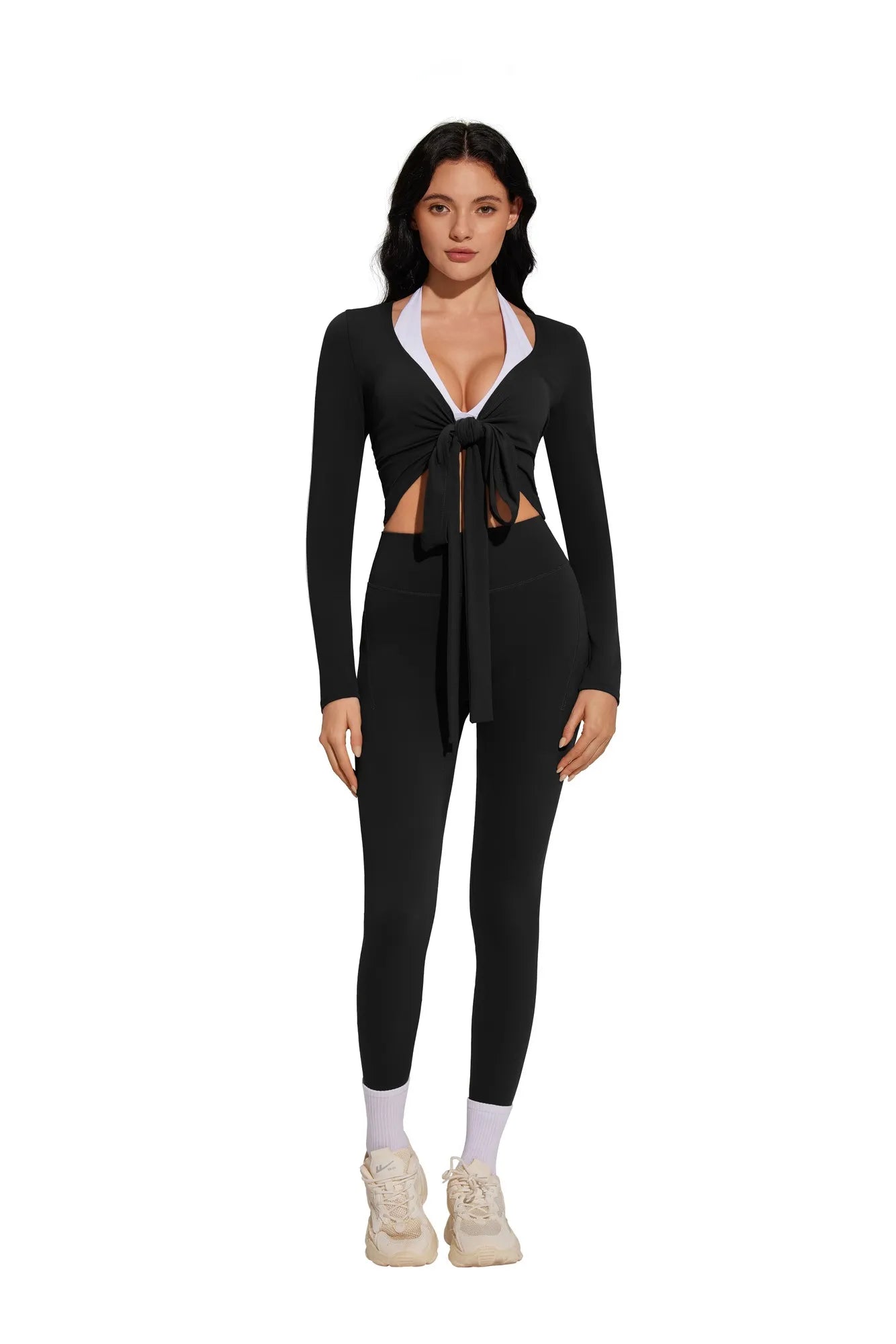 Tie Front Wrap Tops Leggings Outfits - Long Sleeve
