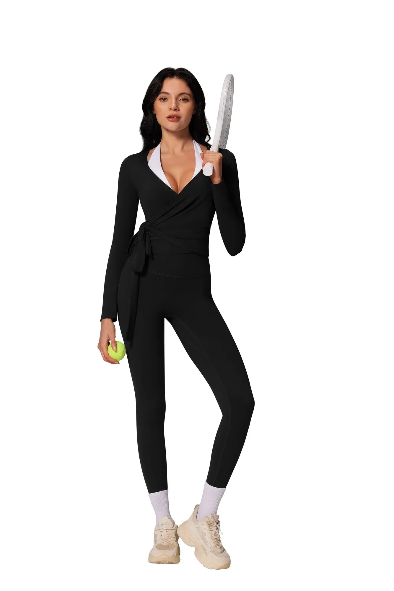 Tie Front Wrap Tops Leggings Outfits - Long Sleeve
