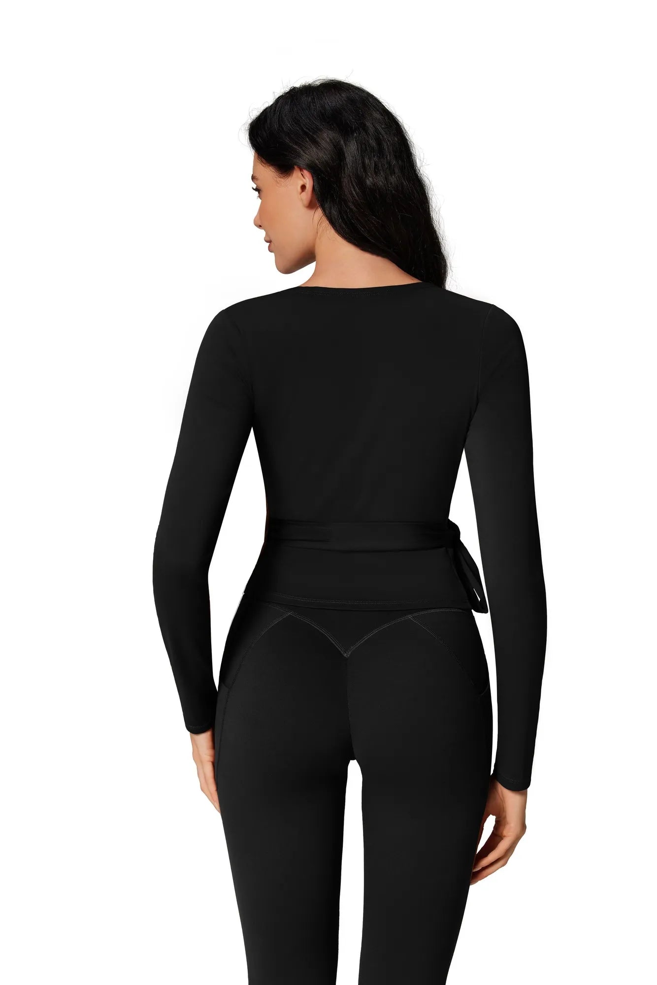 Tie Front Wrap Tops Leggings Outfits - Long Sleeve