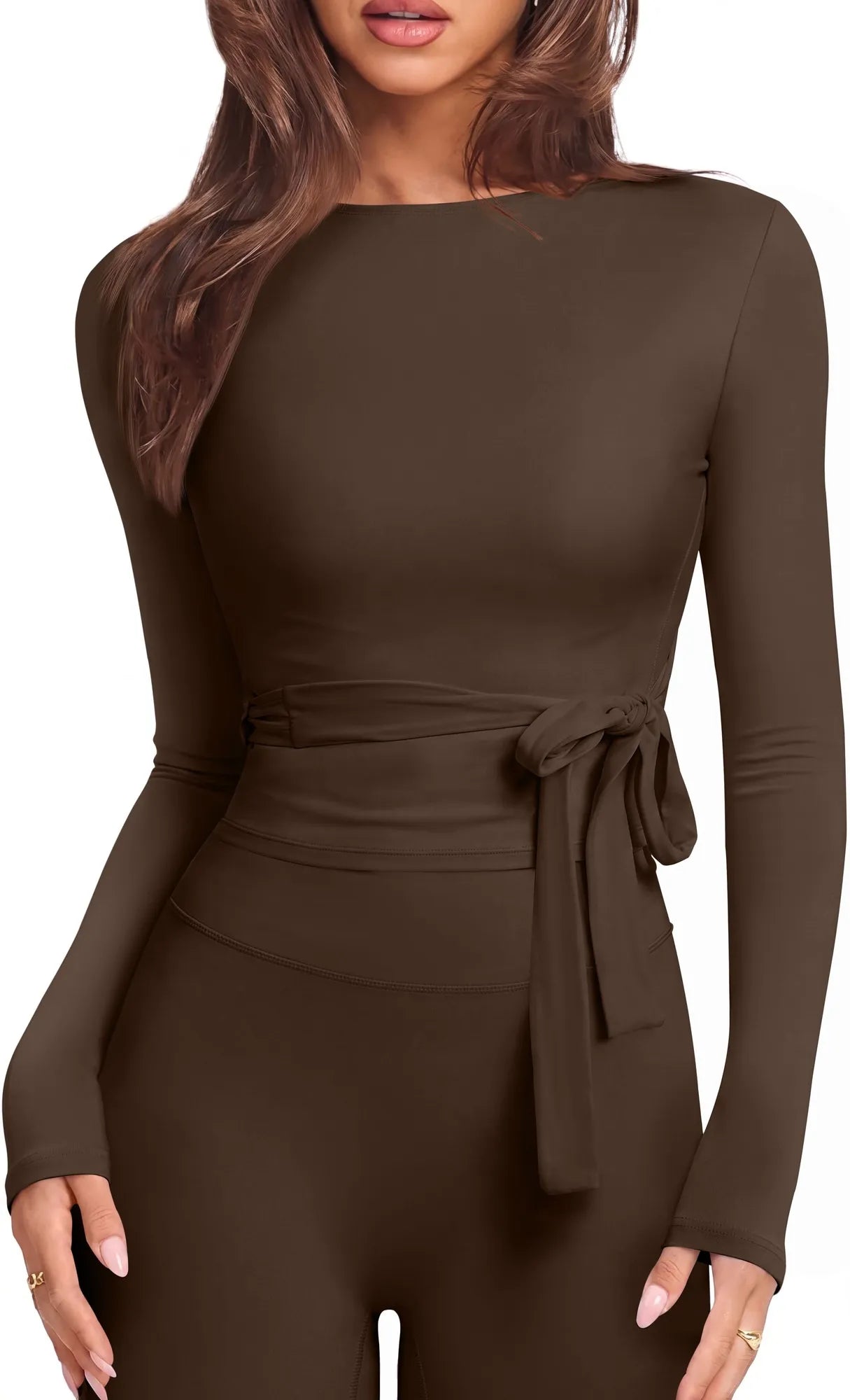 Tie Front Wrap Tops Leggings Outfits - Long Sleeve