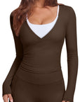 Tie Front Wrap Tops Leggings Outfits - Long Sleeve