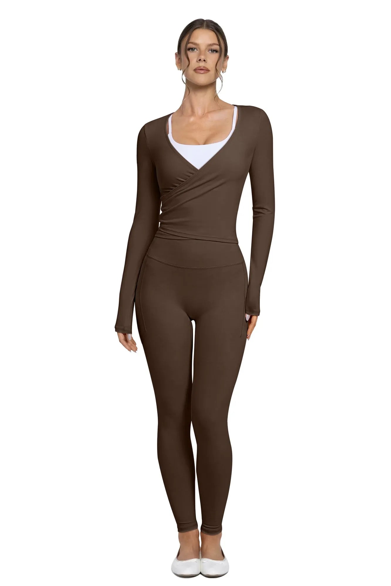 Tie Front Wrap Tops Leggings Outfits - Long Sleeve