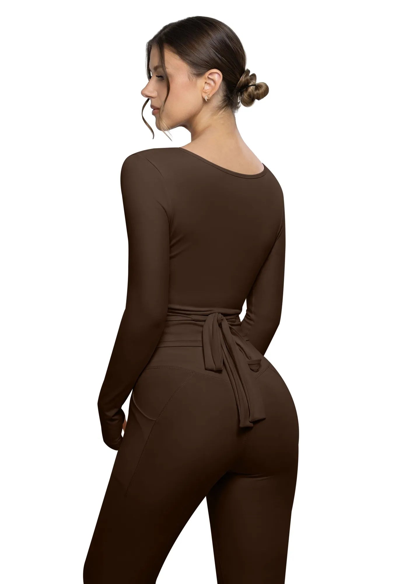 Tie Front Wrap Tops Leggings Outfits - Long Sleeve