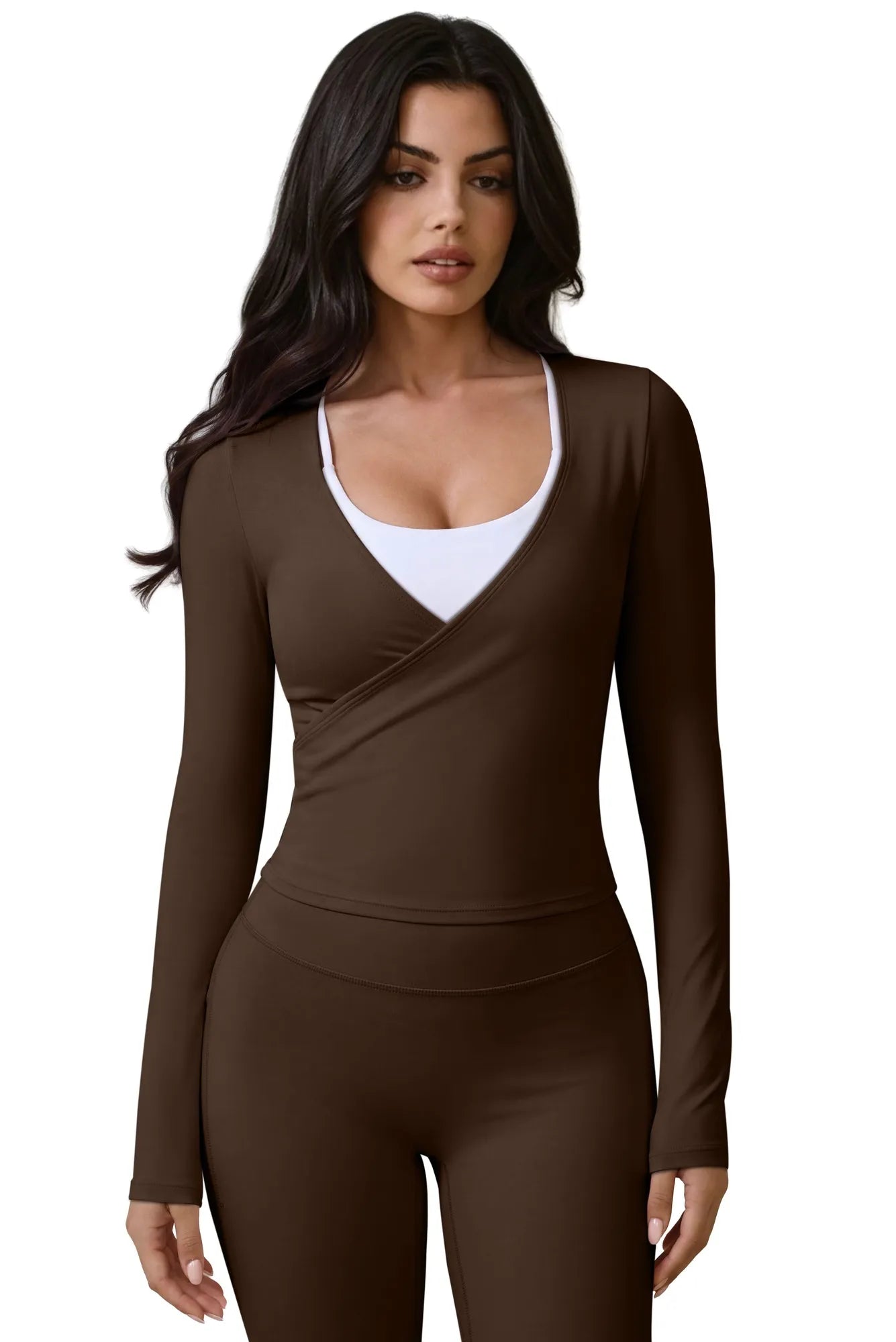Tie Front Wrap Tops Leggings Outfits - Long Sleeve