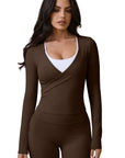 Tie Front Wrap Tops Leggings Outfits - Long Sleeve
