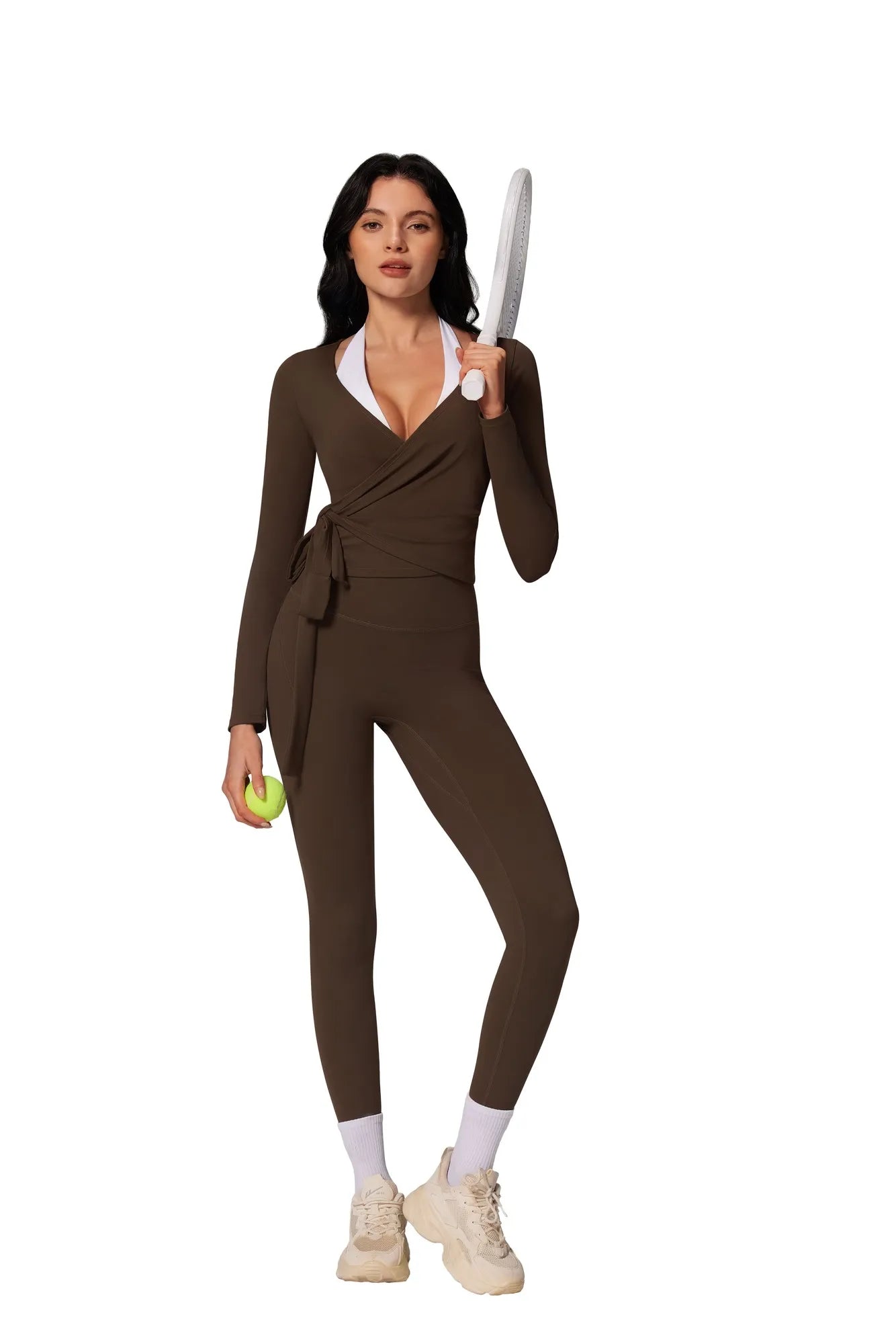 Tie Front Wrap Tops Leggings Outfits - Long Sleeve