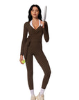 Tie Front Wrap Tops Leggings Outfits - Long Sleeve