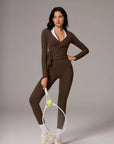 Tie Front Wrap Tops Leggings Outfits - Long Sleeve