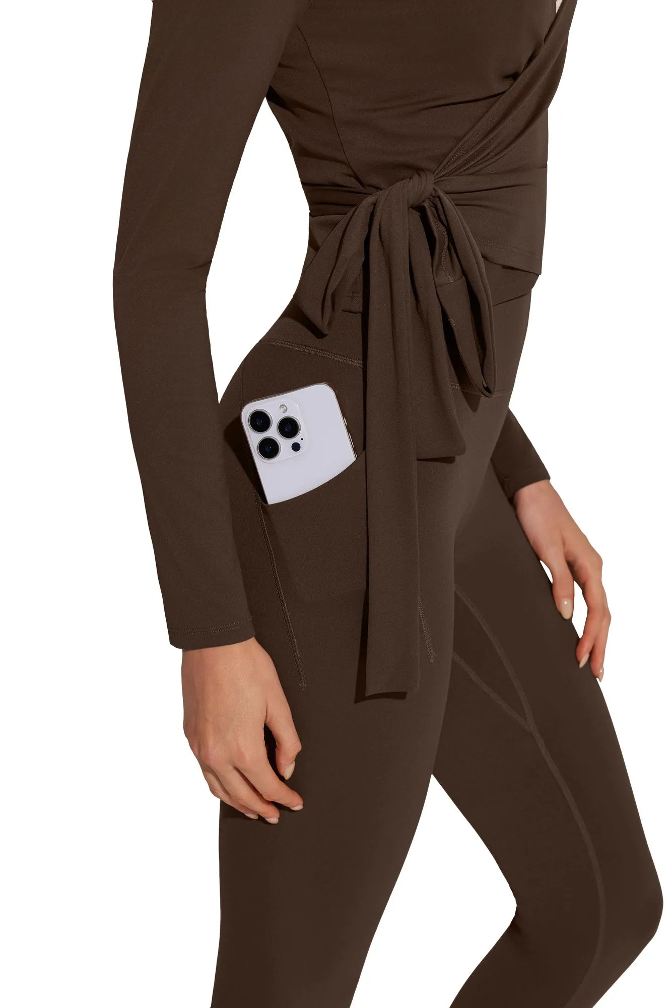 Tie Front Wrap Tops Leggings Outfits - Long Sleeve