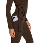 Tie Front Wrap Tops Leggings Outfits - Long Sleeve