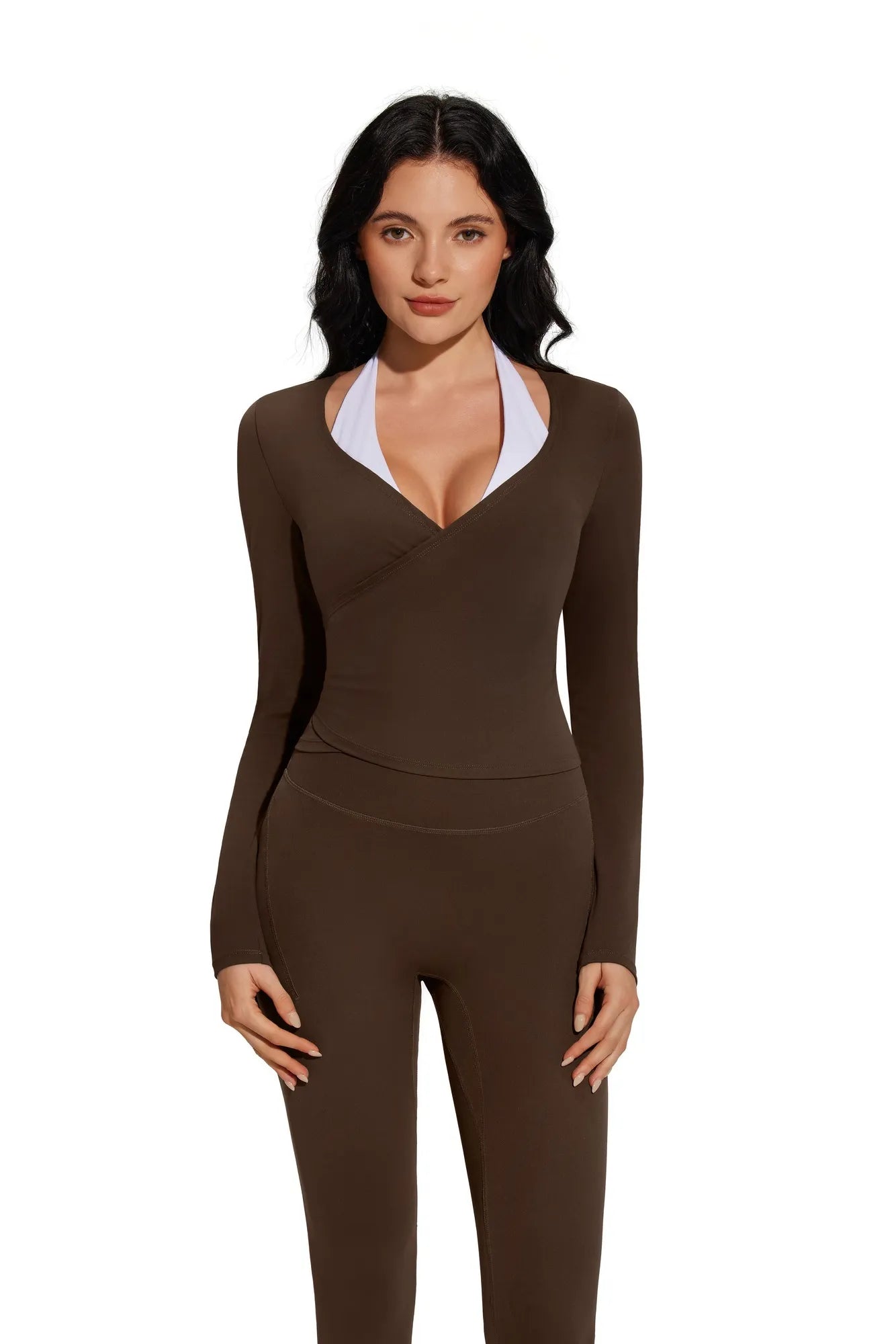 Tie Front Wrap Tops Leggings Outfits - Long Sleeve