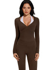 Tie Front Wrap Tops Leggings Outfits - Long Sleeve