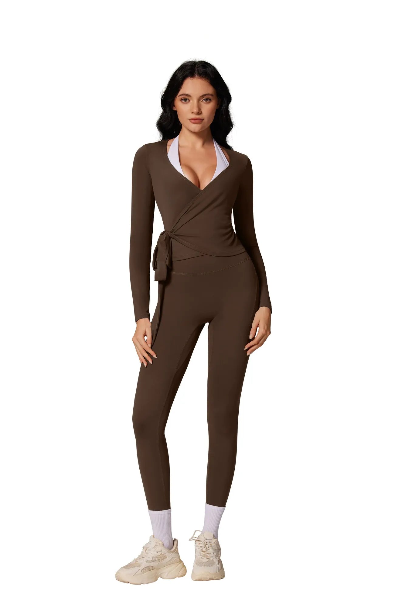 Tie Front Wrap Tops Leggings Outfits - Long Sleeve