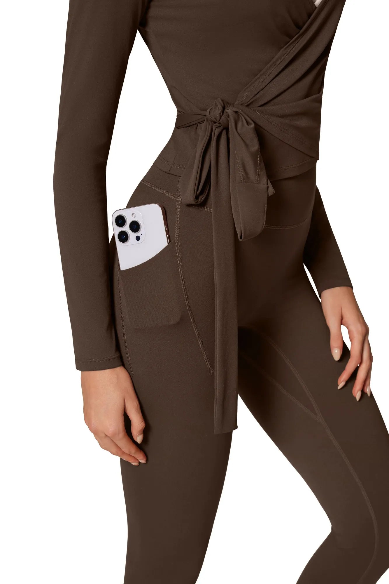 Tie Front Wrap Tops Leggings Outfits - Long Sleeve