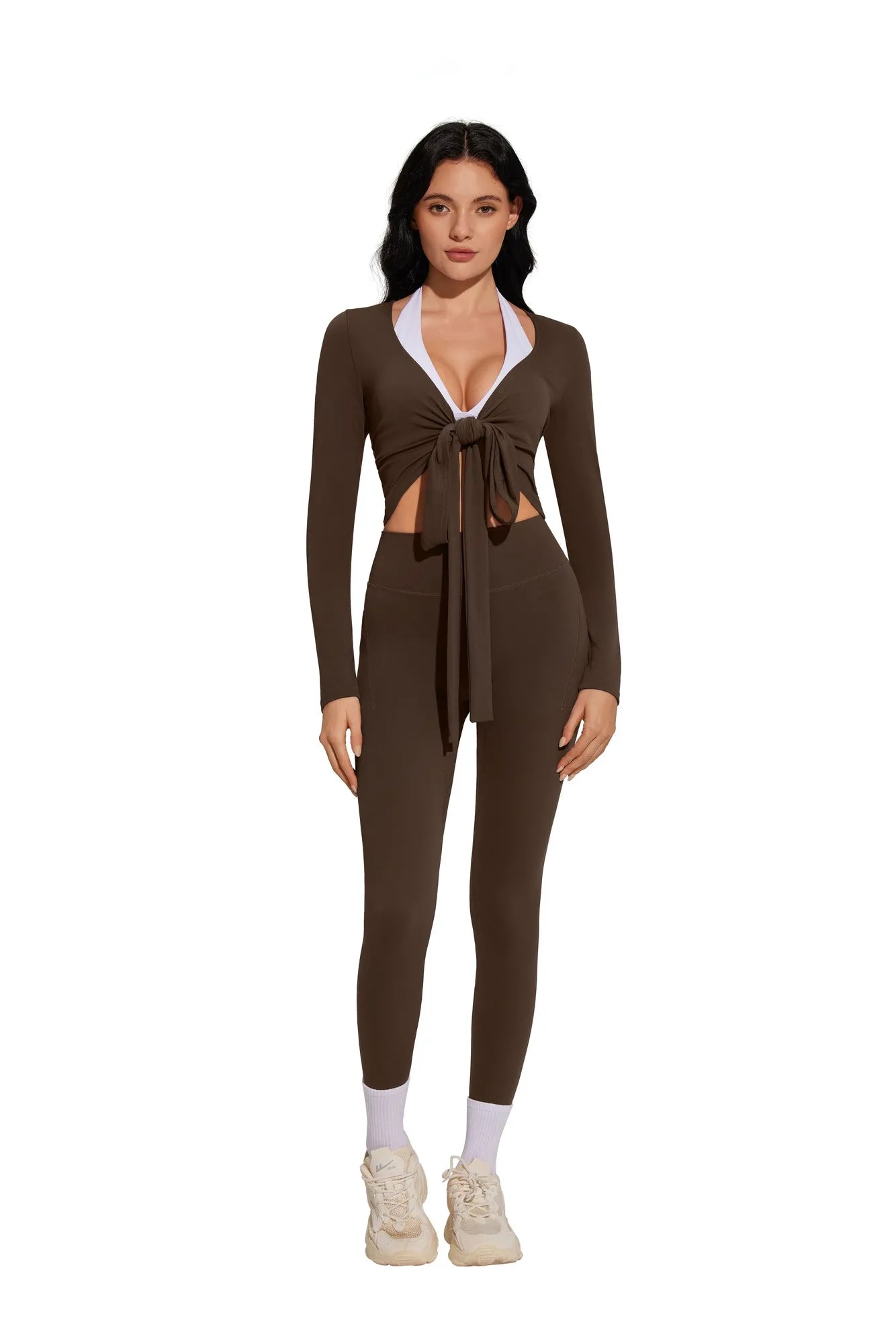 Tie Front Wrap Tops Leggings Outfits - Long Sleeve