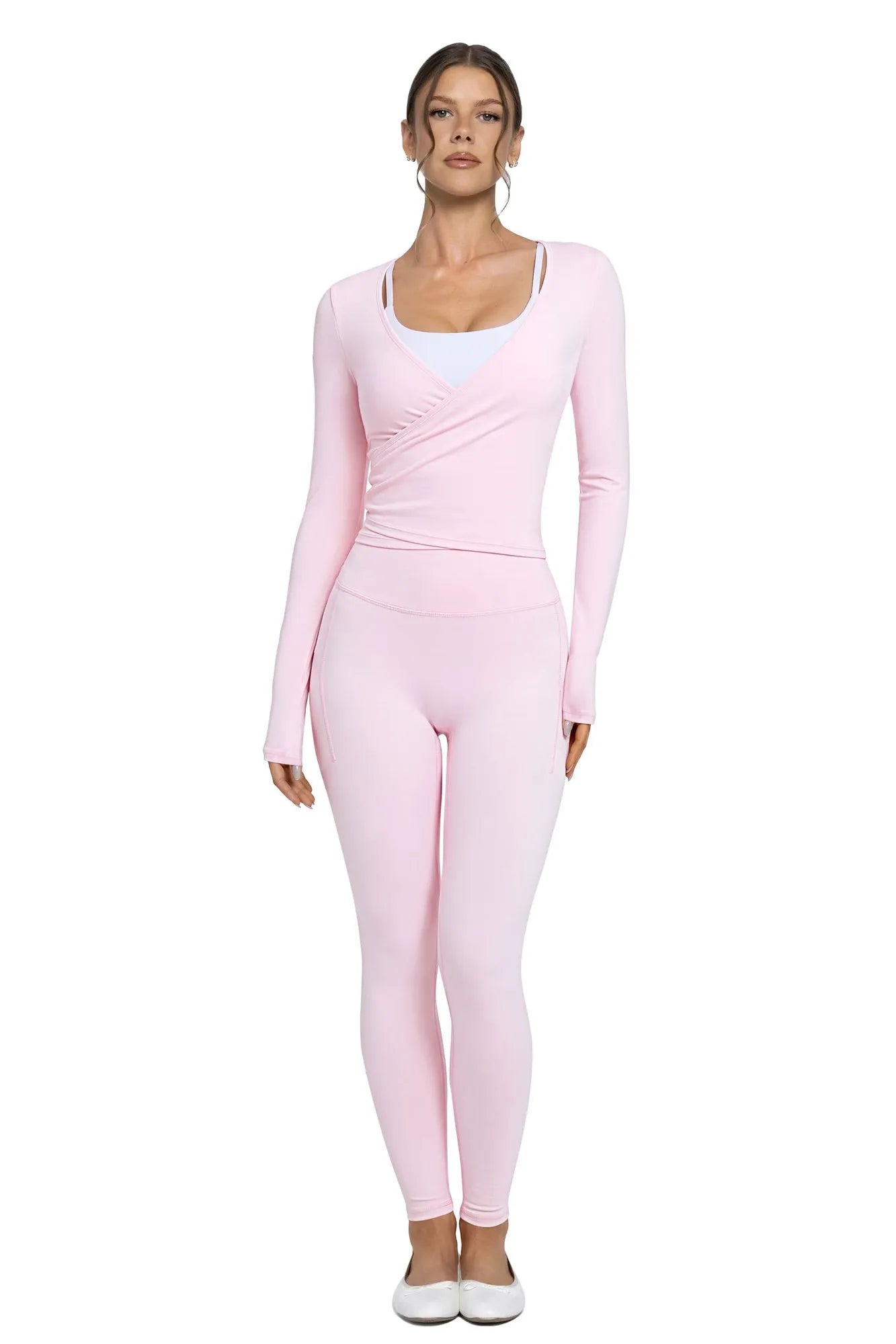 Tie Front Wrap Tops Leggings Outfits - Long Sleeve