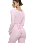 Tie Front Wrap Tops Leggings Outfits - Long Sleeve
