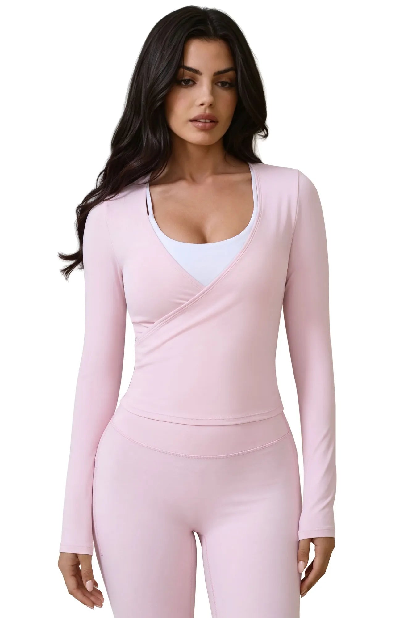 Tie Front Wrap Tops Leggings Outfits - Long Sleeve