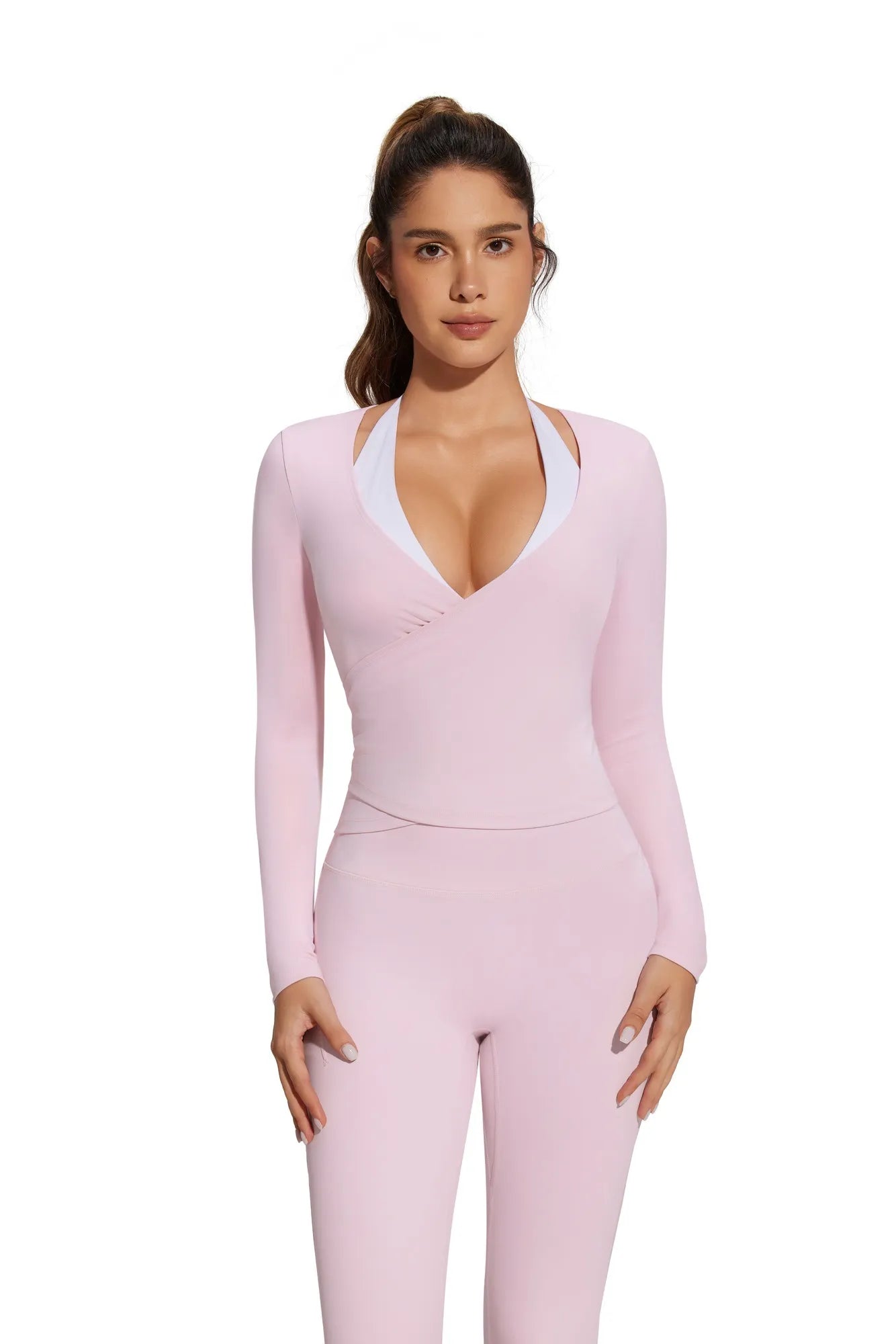 Tie Front Wrap Tops Leggings Outfits - Long Sleeve