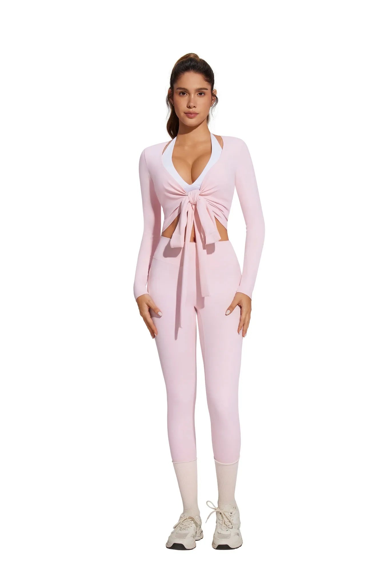 Tie Front Wrap Tops Leggings Outfits - Long Sleeve