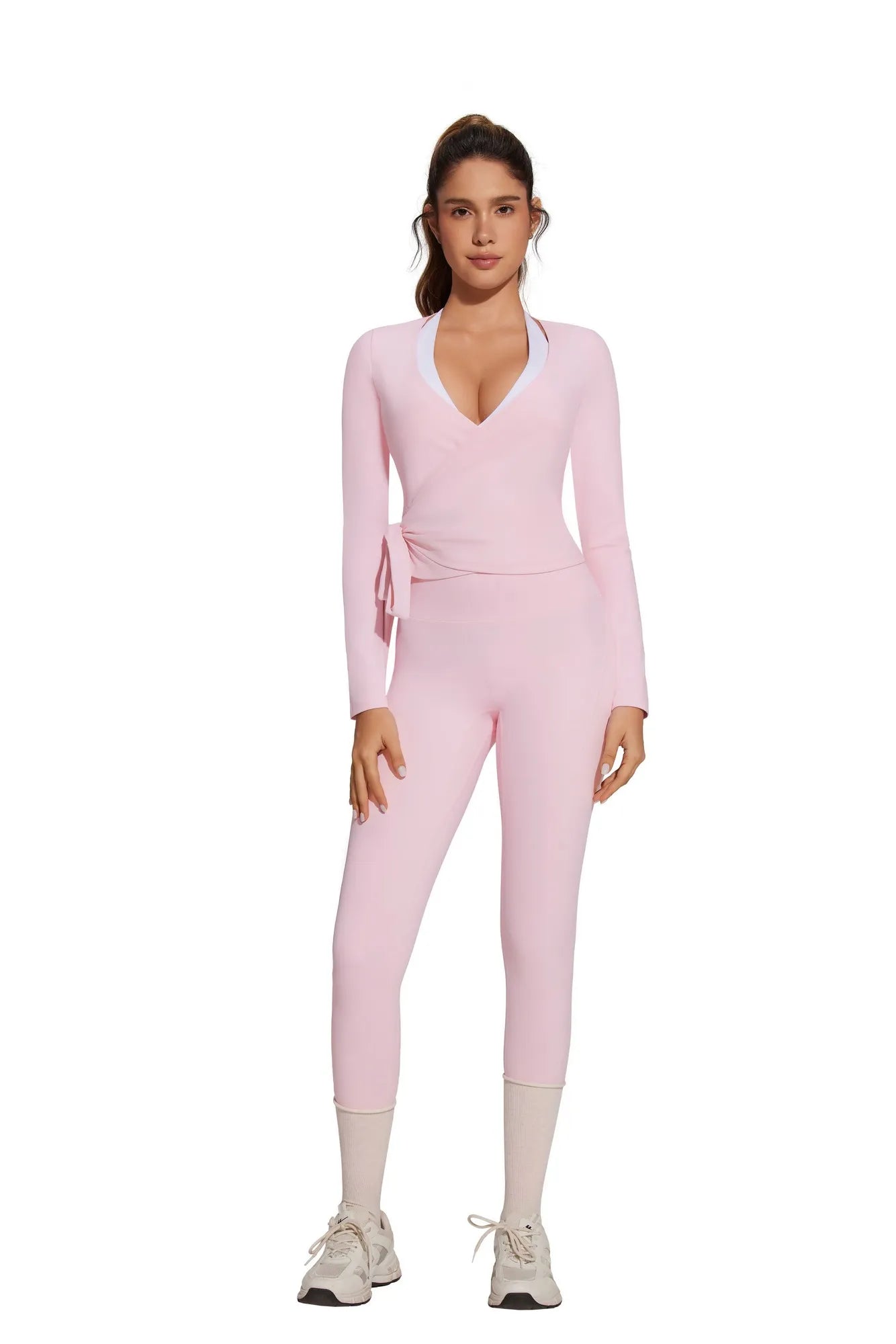 Tie Front Wrap Tops Leggings Outfits - Long Sleeve