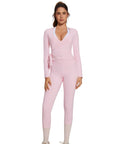 Tie Front Wrap Tops Leggings Outfits - Long Sleeve