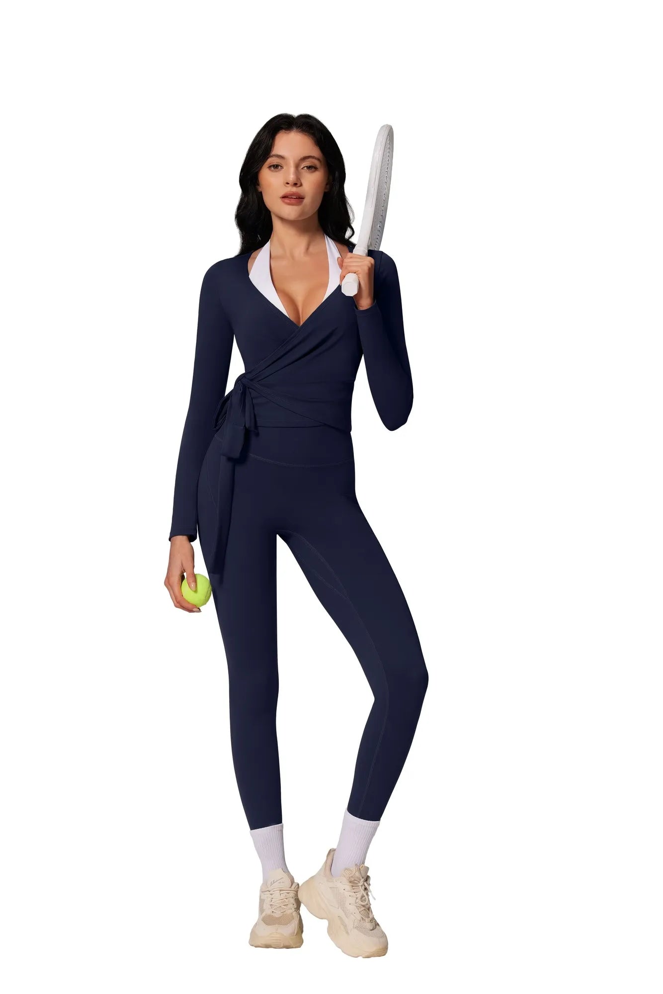 Tie Front Wrap Tops Leggings Outfits - Long Sleeve