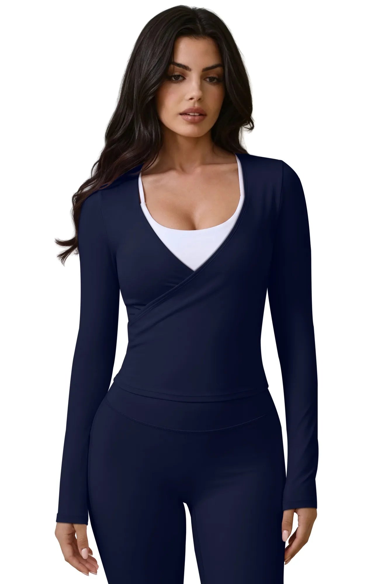 Tie Front Wrap Tops Leggings Outfits - Long Sleeve