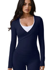 Tie Front Wrap Tops Leggings Outfits - Long Sleeve