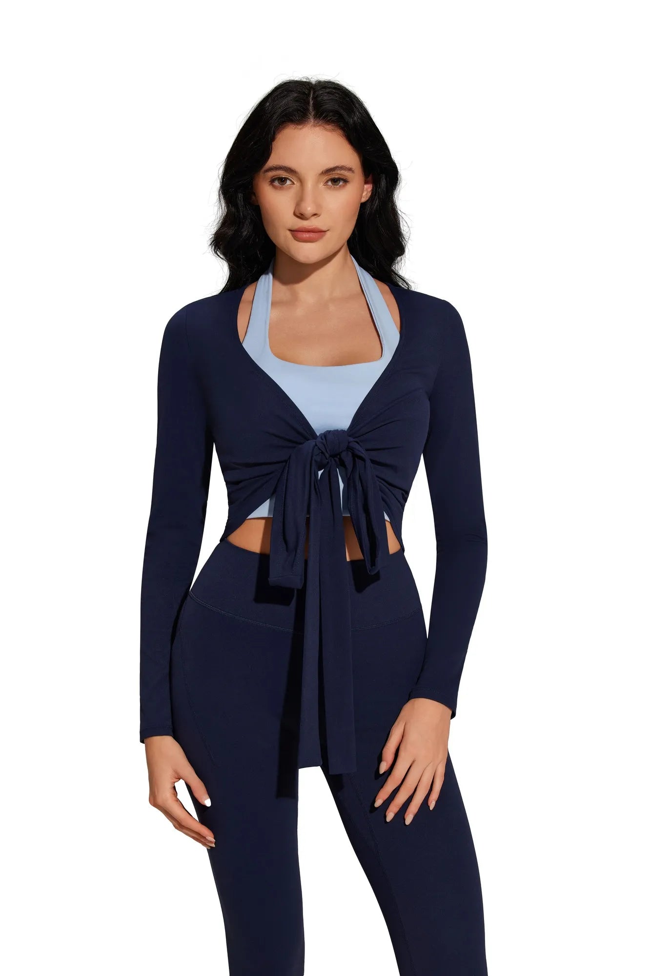 Tie Front Wrap Tops Leggings Outfits - Long Sleeve