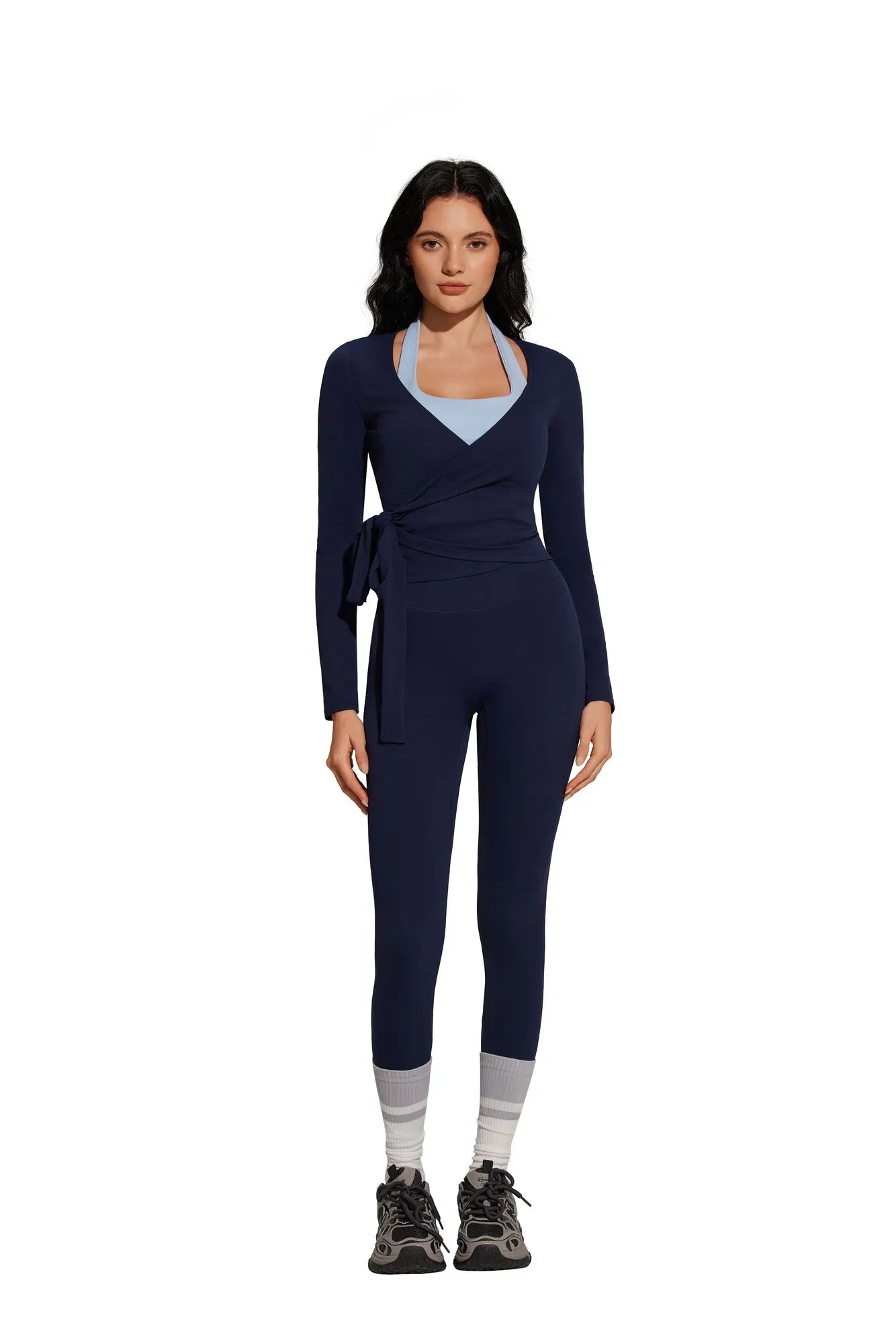 Tie Front Wrap Tops Leggings Outfits - Long Sleeve
