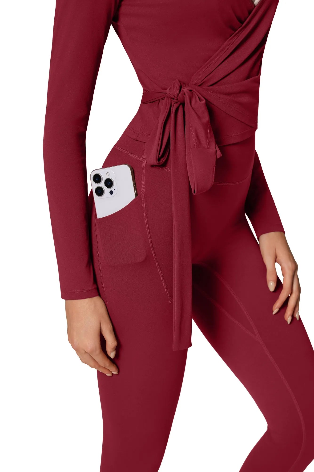 Tie Front Wrap Tops Leggings Outfits - Long Sleeve
