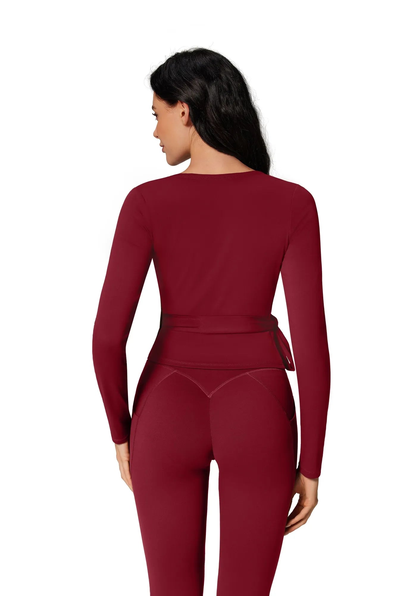Tie Front Wrap Tops Leggings Outfits - Long Sleeve