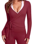 Tie Front Wrap Tops Leggings Outfits - Long Sleeve