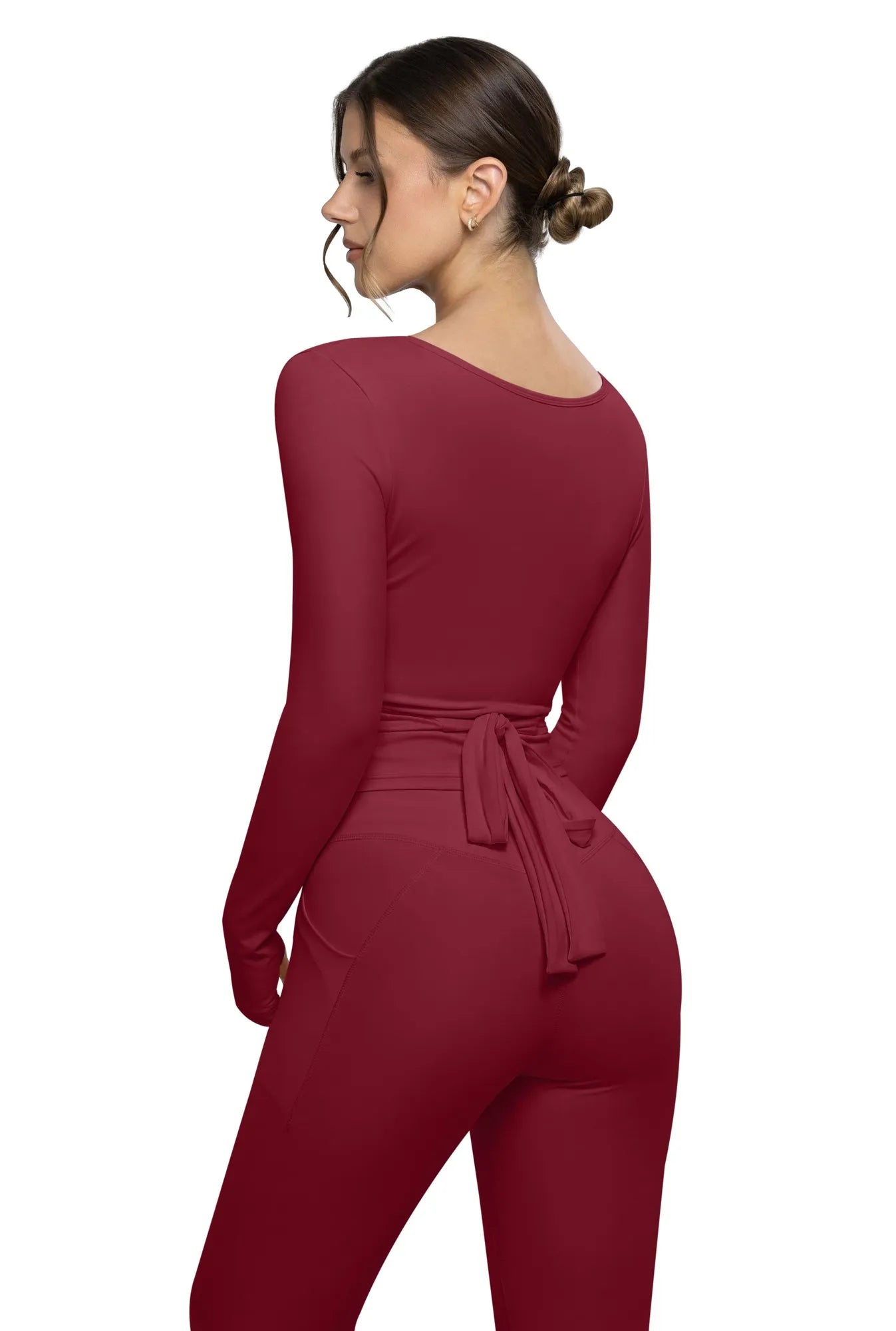 Tie Front Wrap Tops Leggings Outfits - Long Sleeve
