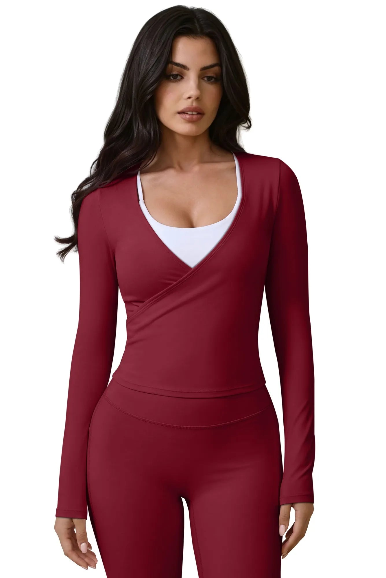 Tie Front Wrap Tops Leggings Outfits - Long Sleeve
