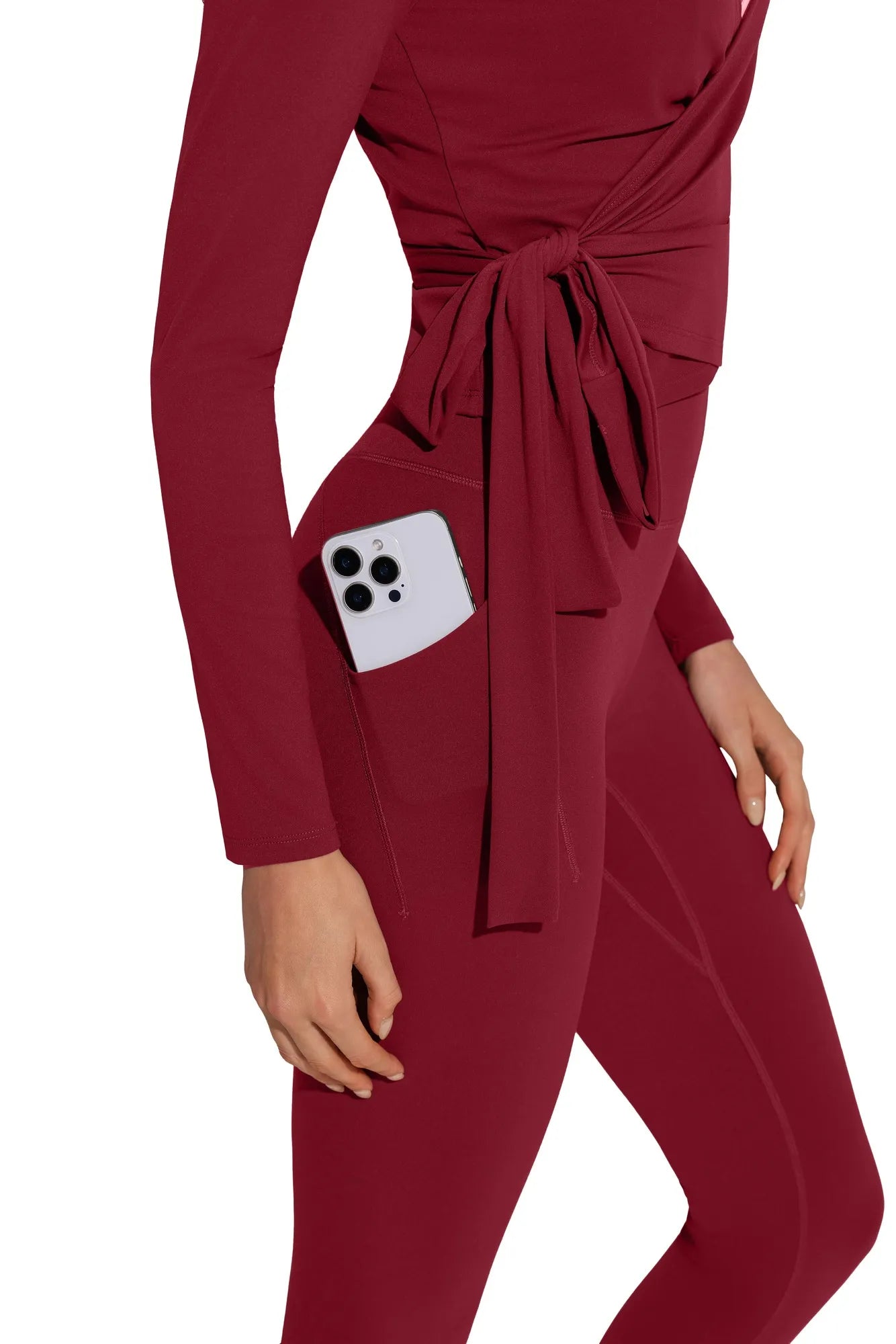 Tie Front Wrap Tops Leggings Outfits - Long Sleeve