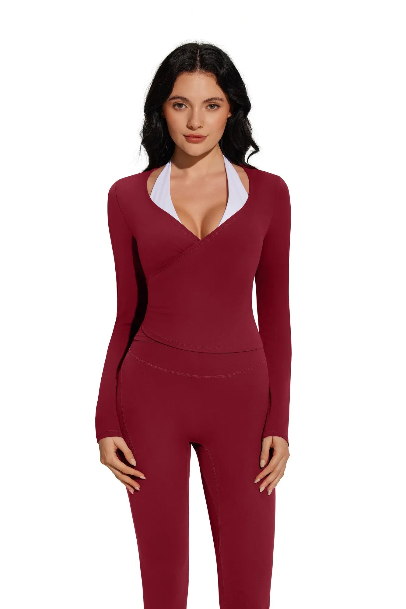 Tie Front Wrap Tops Leggings Outfits - Long Sleeve