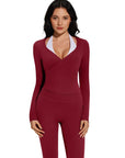 Tie Front Wrap Tops Leggings Outfits - Long Sleeve