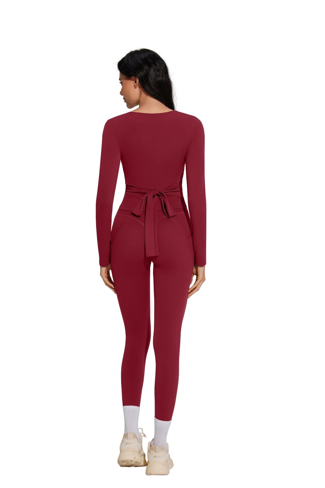 Tie Front Wrap Tops Leggings Outfits - Long Sleeve