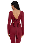 Tie Front Wrap Tops Leggings Outfits - Long Sleeve