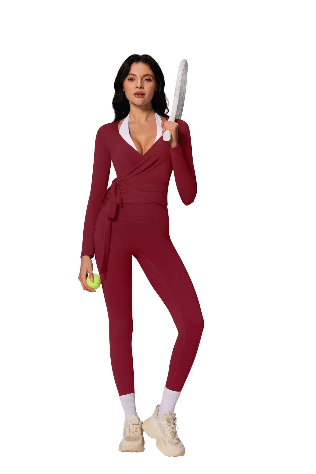 Tie Front Wrap Tops Leggings Outfits - Long Sleeve