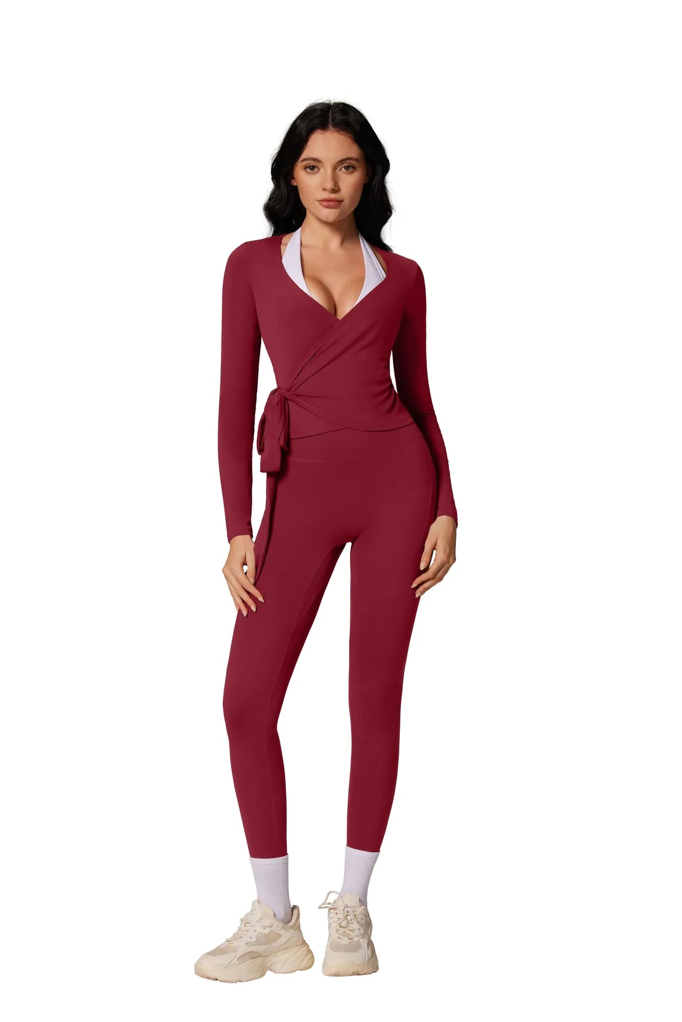 Tie Front Wrap Tops Leggings Outfits - Long Sleeve
