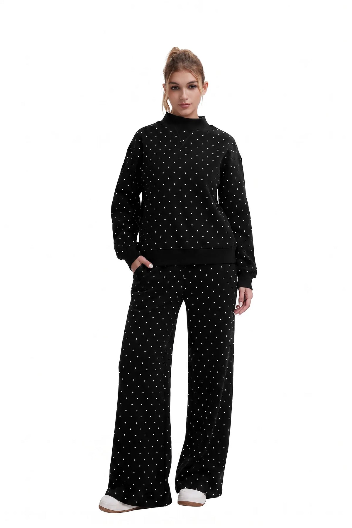 Cotton Mock Neck Sweatshirt Wide Pant Outfit