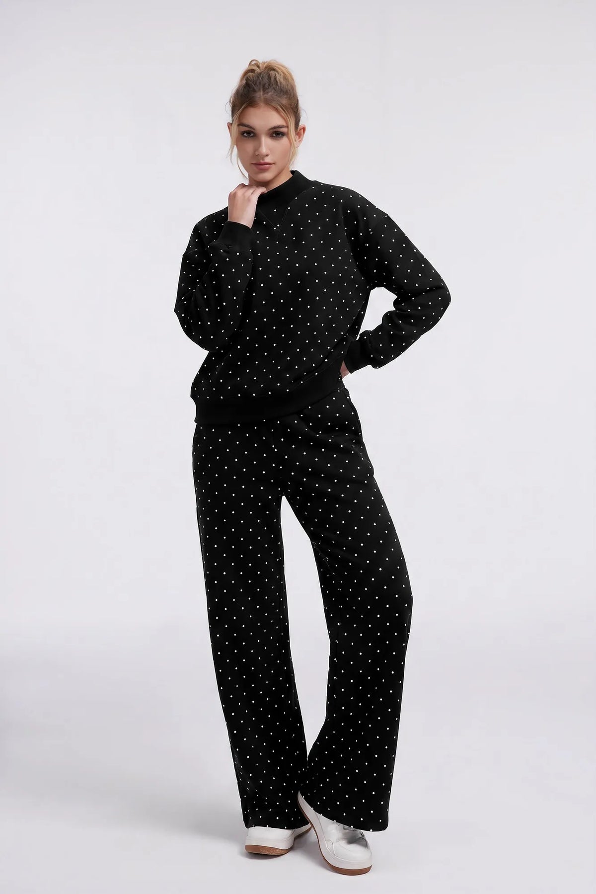 Cotton Mock Neck Sweatshirt Wide Pant Outfit