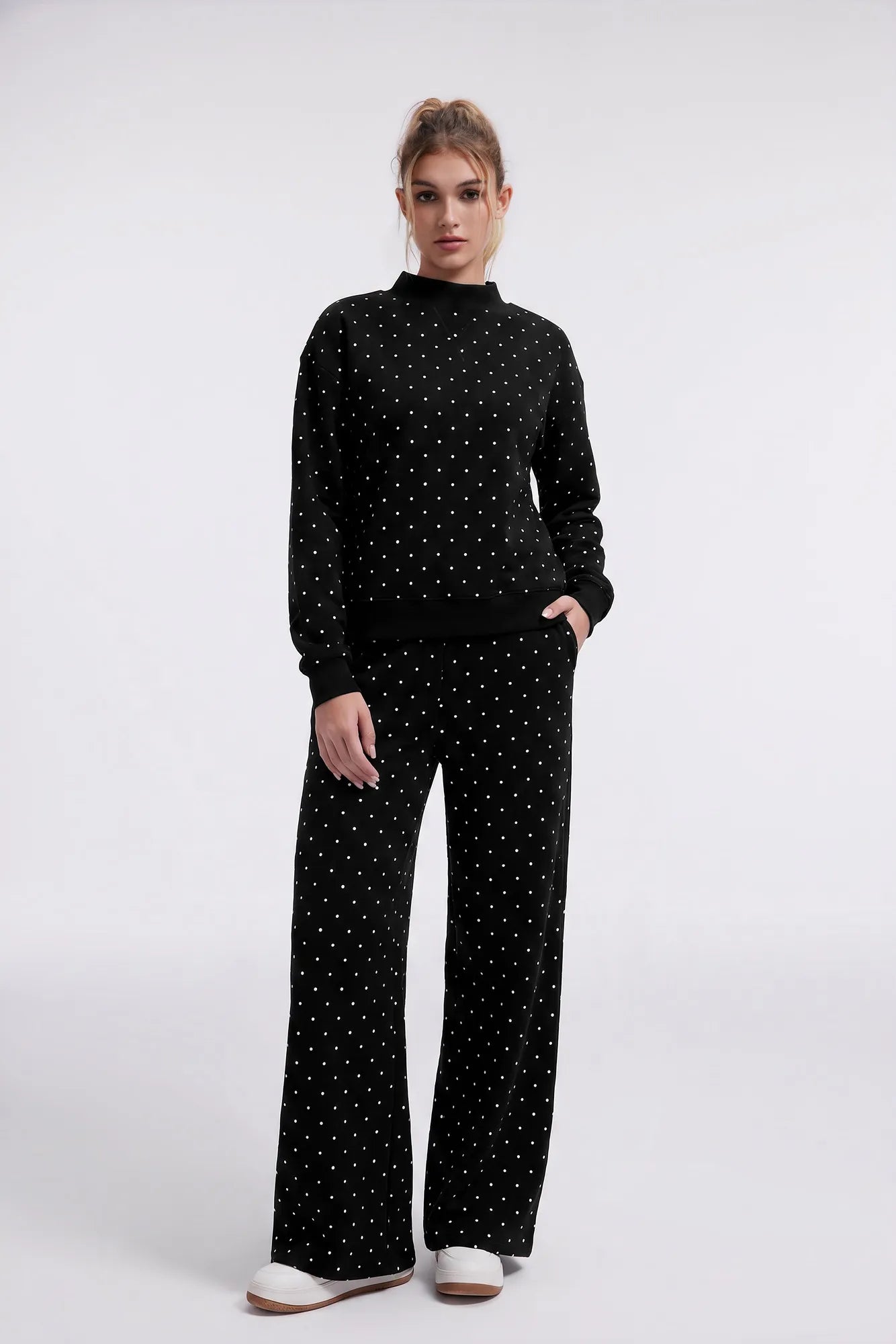 Cotton Mock Neck Sweatshirt Wide Pant Outfit