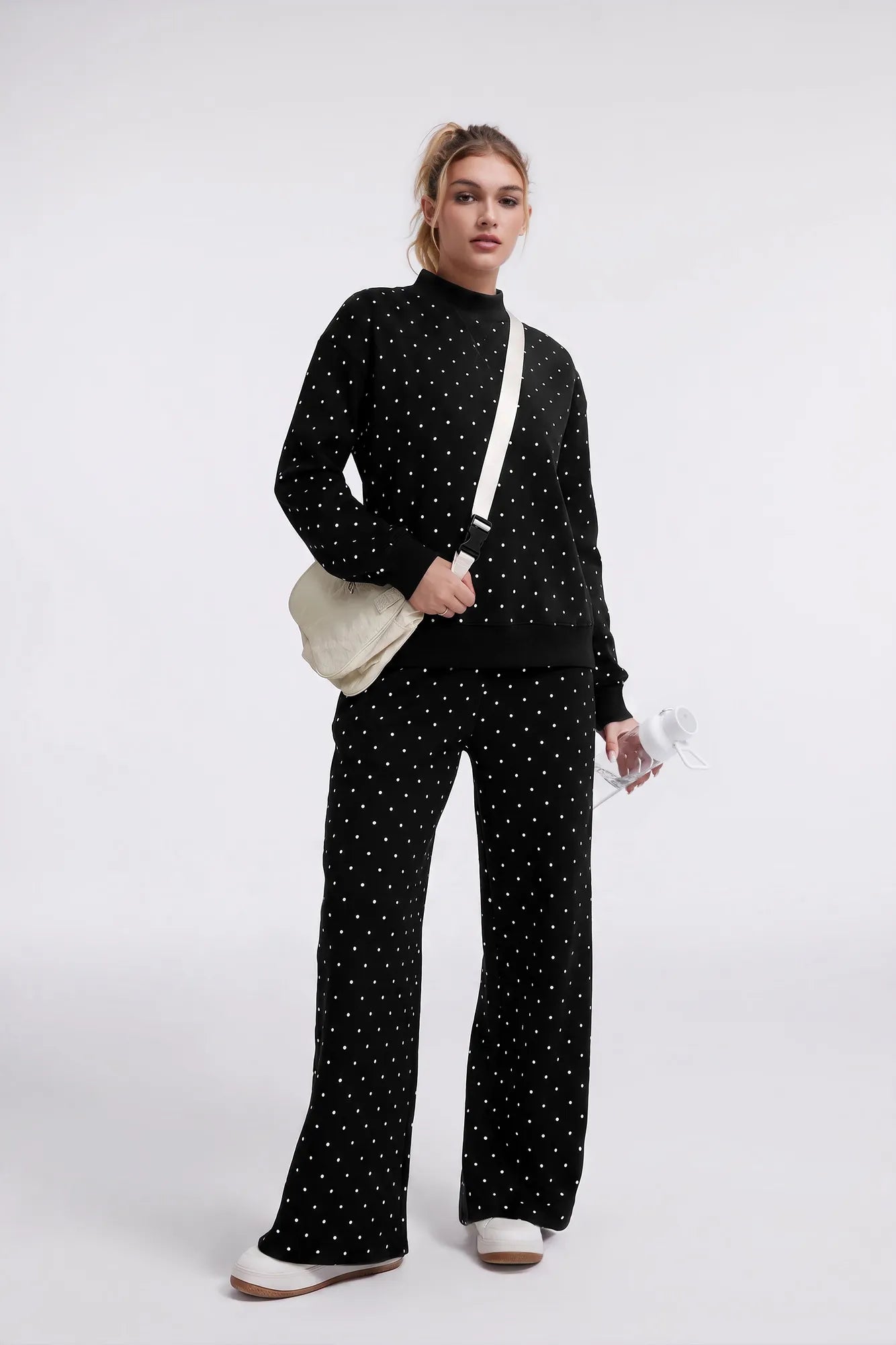Cotton Mock Neck Sweatshirt Wide Pant Outfit