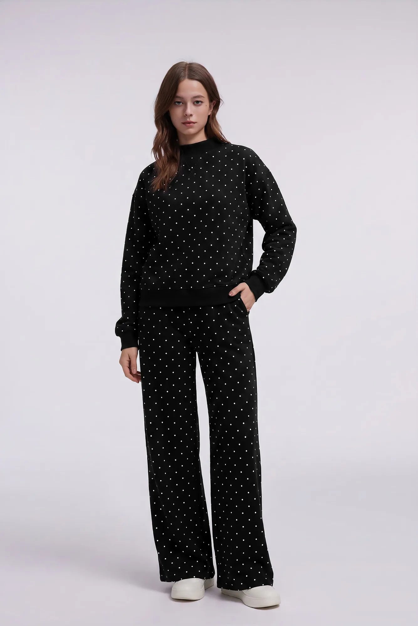 Cotton Mock Neck Sweatshirt Wide Pant Outfit