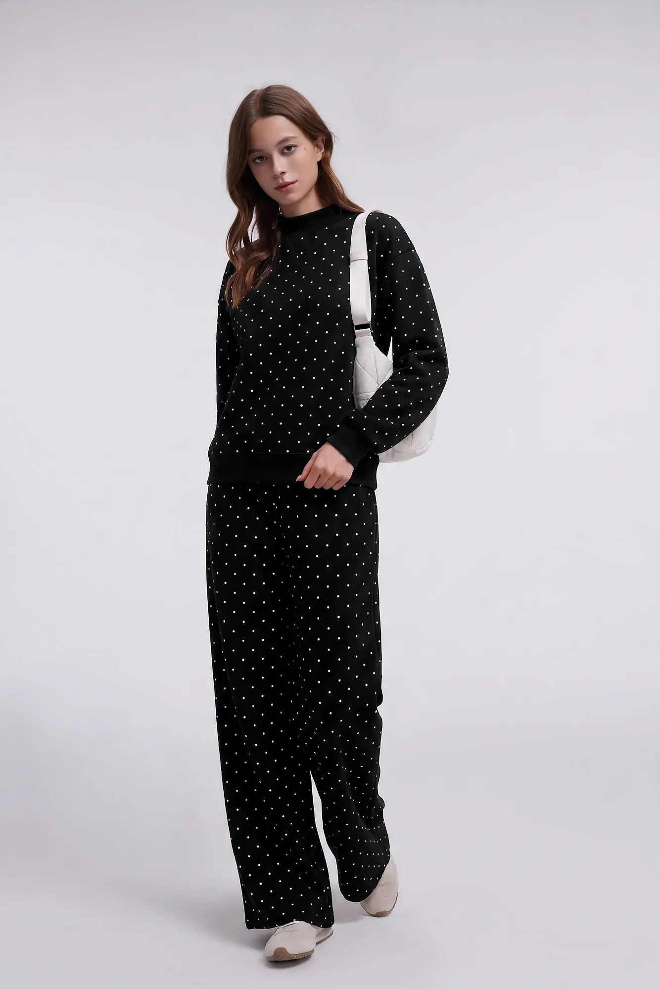 Cotton Mock Neck Sweatshirt Wide Pant Outfit
