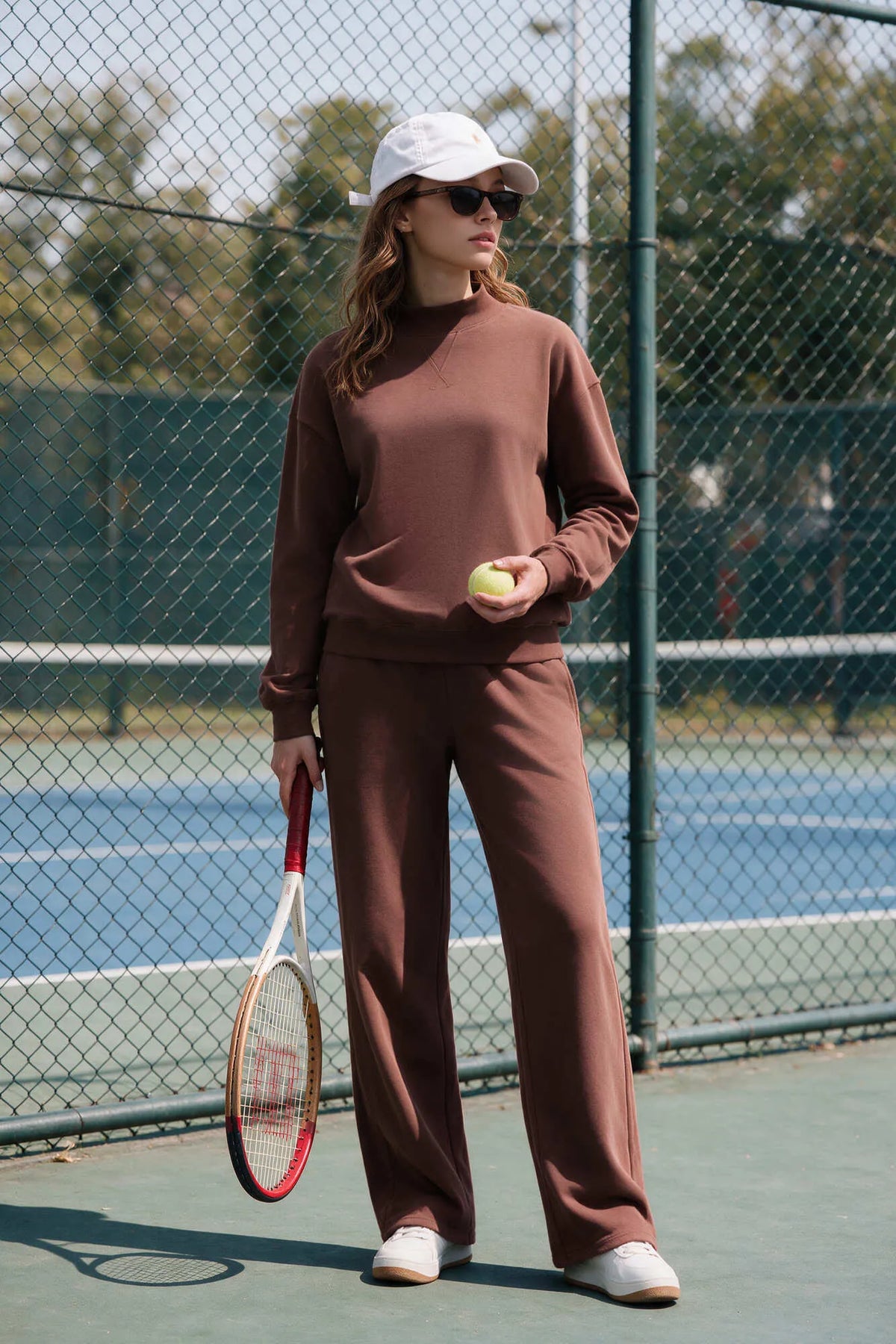 Cotton Mock Neck Sweatshirt Wide Pant Outfit